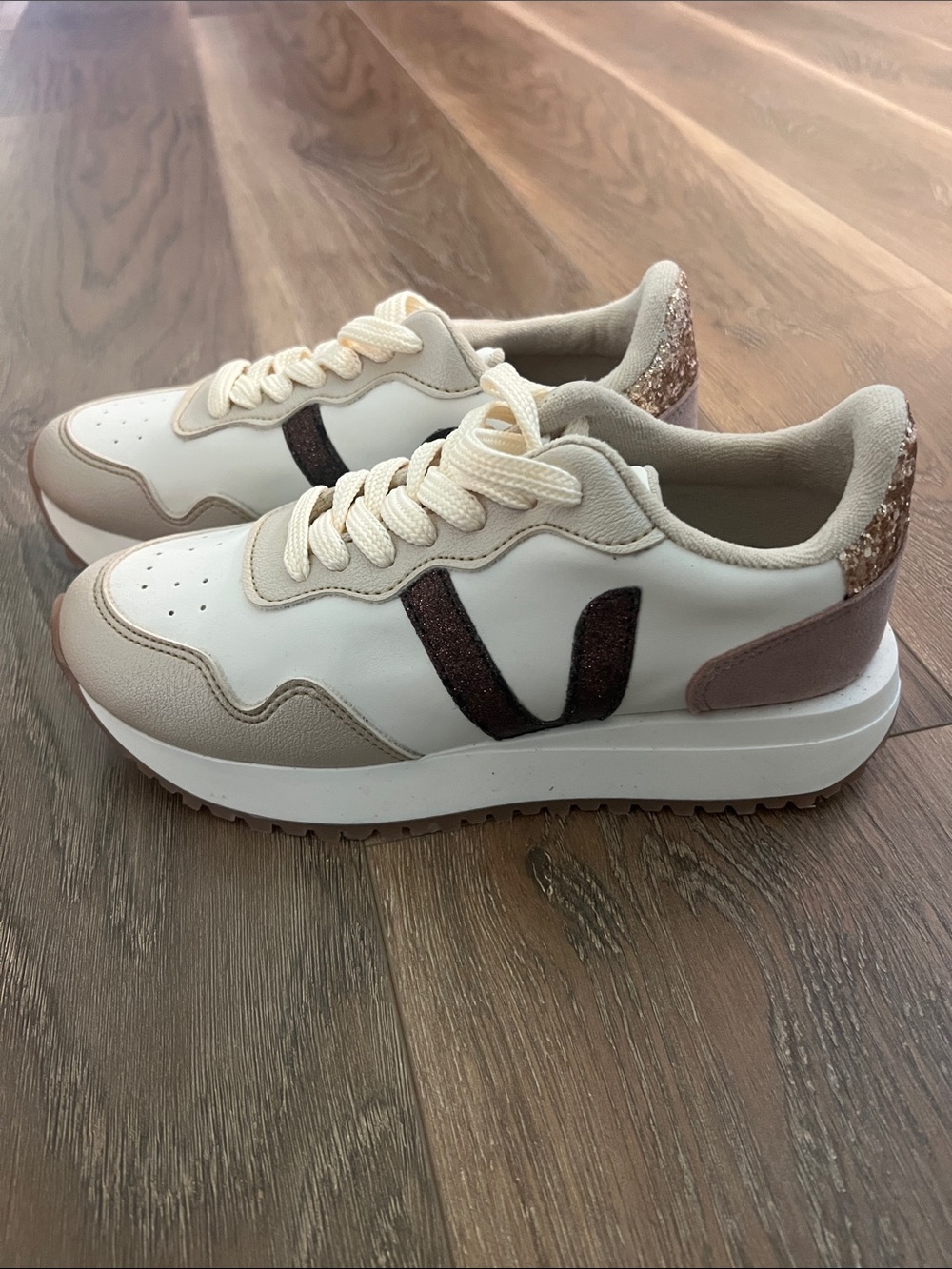Cream and Brown Platform Sneakers with Glitter Heel - Brand: